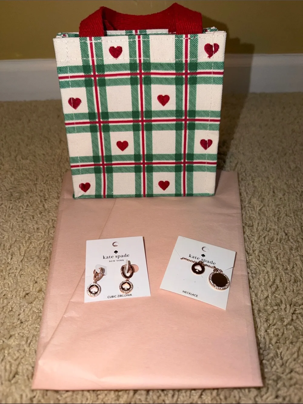 kate spade Rose Gold Earrings & Necklace Set with mini tote & tissue paper